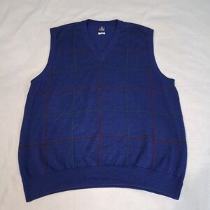 Mens Calloway Merino Wool Navy Blue Plaid Preppy Academia Golf Grandpa Vest Sz L